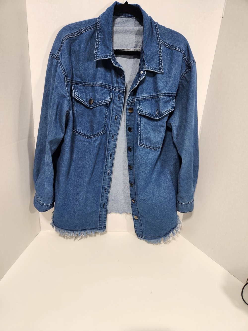 Classic Blue Denim Shacket with Raw Hem